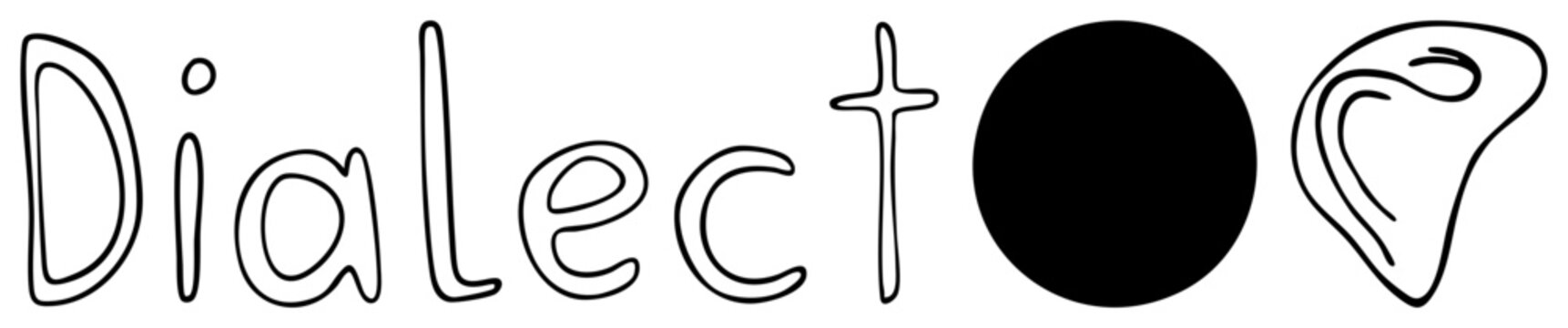 Illustrated word "Dialect" with stylized ear and solid circle, minimalist design, linguistic theme, educational or cultural branding.