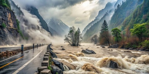 Mountain Road Through a Flooded Valley with Misty Peaks and a Single Tree
