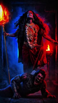 Spiritual depiction of Mahakali holding fire and standing over the ego.