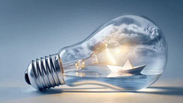 Paper boat floating inside glass light bulb as filament glow shifts from cool to warm stormy sky