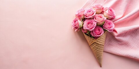A Delicate Arrangement of Pink Roses Nestled in a Waffle Cone, Adorned with a Soft Pink Fabric Drape, Creates a Charming and Elegant Visual