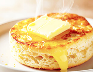 Toasted breakfast biscuit, melting butter oozing, macro shot. AI