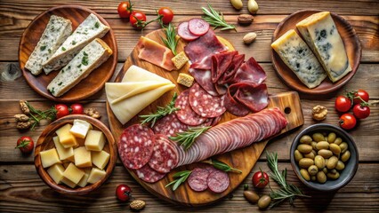 Aromatic Selection of Cured Meats, Assortment of Cheeses, and Olives on Rustic Wooden Board