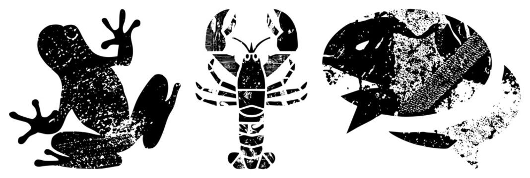 Distressed black vector of frog, lobster, and fish with textured grain, ideal for retro branding or tattoo art. Alternatives amphibian, crustacean, aquatic creature.