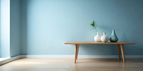 Serene Minimalist Room Decor Light Wood Table with Pastel Vases and Greenery Against a Calm Blue Wall