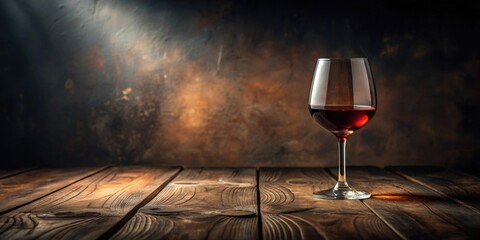 A single glass of rich red wine rests on a rustic wooden table against a dark, textured background, creating a sophisticated and inviting ambiance for wine appreciation.
