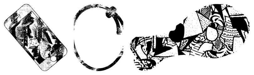 Stylized fragmented shapes with halftone textures, abstract composition, graphic design elements, vector illustration, artistic, modern art motifs.