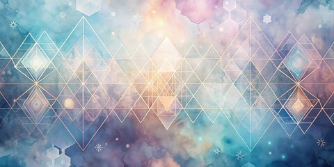Celestial Geometry An Abstract Watercolor and Line Art Composition Featuring Interlocking Geometric Shapes and a Dreamlike Celestial Background