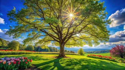 Majestic Oak Tree Basking in Sunlight, Lush Green Meadow with Vibrant Tulips, Serene Landscape Under a Spring Sky