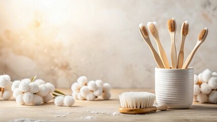 A serene arrangement of natural bamboo toothbrushes in a minimalist container, complemented by soft cotton blossoms and a wooden body brush, creating a calming spa-like ambiance.