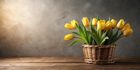 A Rustic Still Life Featuring a Basket of Vibrant Yellow Tulips on a Weathered Wooden Table Against a Textured Background