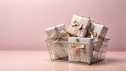 A charming collection of elegantly wrapped presents, tied with delicate bows, sits nestled within a stylish wire basket, creating a delightful scene of gifting anticipation.