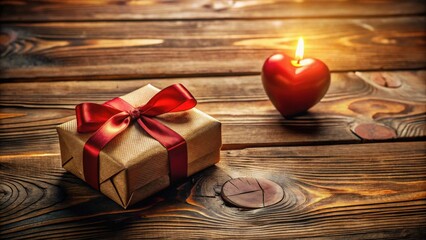 A heartwarming gift, adorned with a crimson ribbon, rests on a rustic wooden surface, illuminated by the soft glow of a heart-shaped candle.