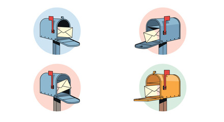 Set of colorful mailboxes on poles containing letters, each against a soft pastel circular background for mail icons.