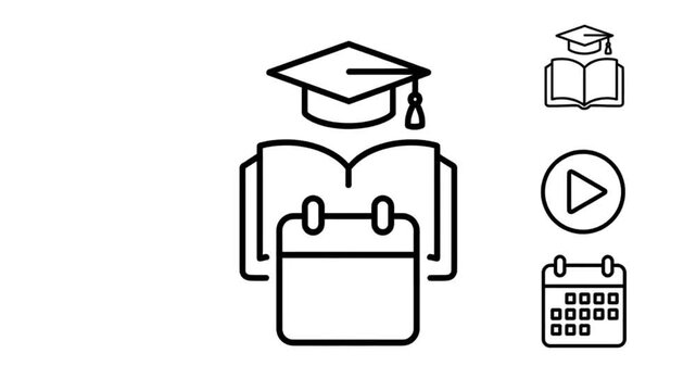 Graduation cap open book and play button icon representing education learning knowledge and