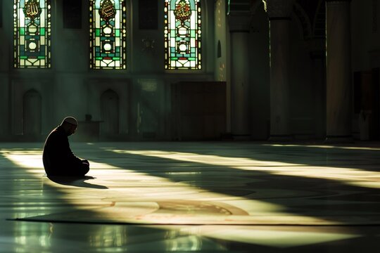 Muslim man praying inside mosque with sunlight
