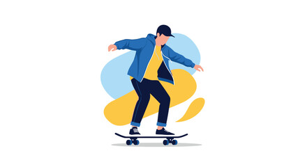 Fototapeta premium Flat vector illustration of a young man riding a skateboard with colorful abstract shapes in the background for urban lifestyle and sports themes.