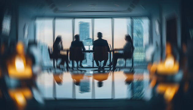 corporate team meeting silhouettes with reflections symbolizing strategy and leadership