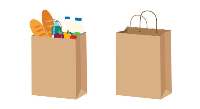 Two brown paper bags with handles one empty and the other filled with fresh groceries including bread milk and colorful fruits.
