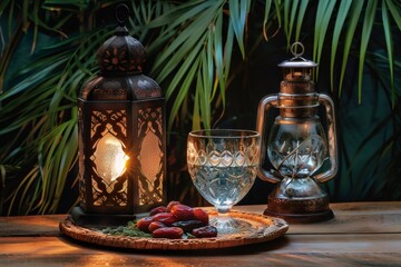 Iftar table setting with traditional ramadan lanterns
