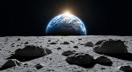 Fototapeta premium The Earth rises over the lunar surface with large rocks scattered across the foreground