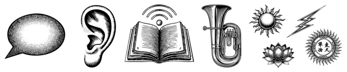 Classic halftone vector symbols including speech bubble, ear, open book with Wi Fi, tuba, sunburst, lotus flower, and circular seal., engraved style, isolated foreground elements.