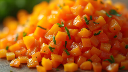 Finely diced vibrant vegetables for salads. Ultra realistic food photography of fresh produce. Colorful vegetable chopping tips and techniques. Healthy meal prep with diced vegetables.