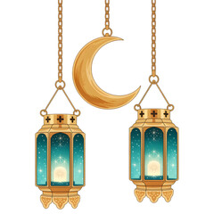 Golden crescent moon with ornate hanging lanterns on a black background