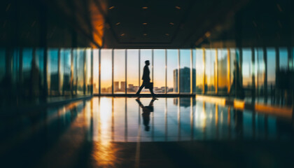 silhouette of professional walking through modern office corridor at sunset