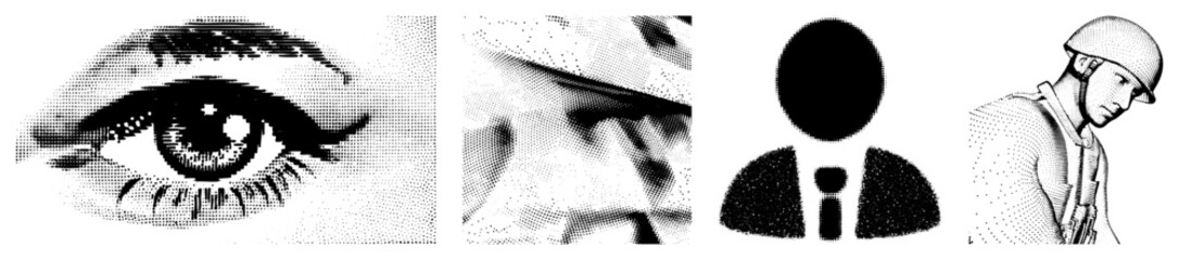 Black and white halftone eye graphic, detailed iris, eyelashes, eyebrow, vector illustration, isolated eye, stylized gaze.