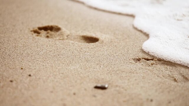 Woman footprint on sandy beach being gently erased by advancing ocean waves during daylight