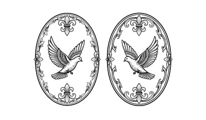 Elegant oval medallions with doves and fleur de lis borders vector illustration © Liton