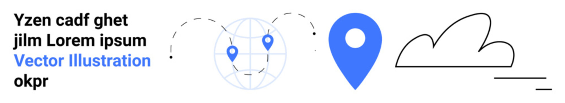 Navigation tools, global communication, technology, internet access, cloud data, mapping services. A globe with pins, a location pin and a cloud icon. Navigation tools and global communication