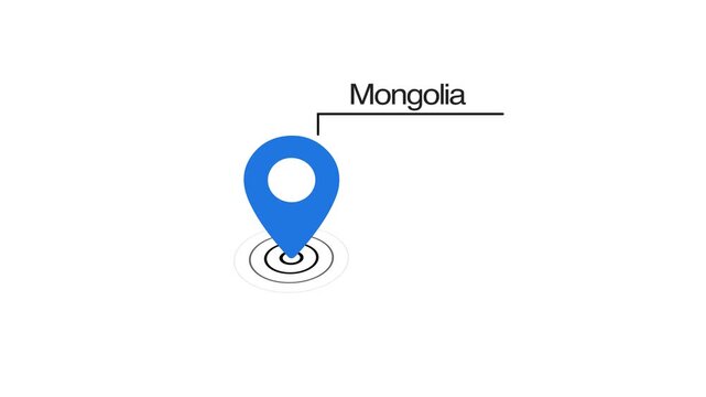 Mongolia location marker animation on transparent background. Mongolia map label with location pin symbol. Mongolia map with destination location concept