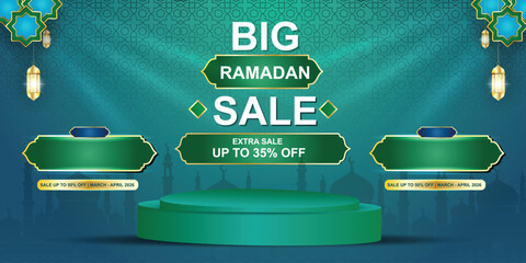Fototapeta premium Ramadan sale promotion banner on green background with mosque silhouette, glowing hanging lanterns and 3D podium in the center