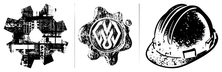 Fototapeta premium Grunge style mechanical gear, stylized emblem, hard hat all isolated vector graphics with distressed texture. Industrial design elements, construction safety, mechanical engineering symbols.
