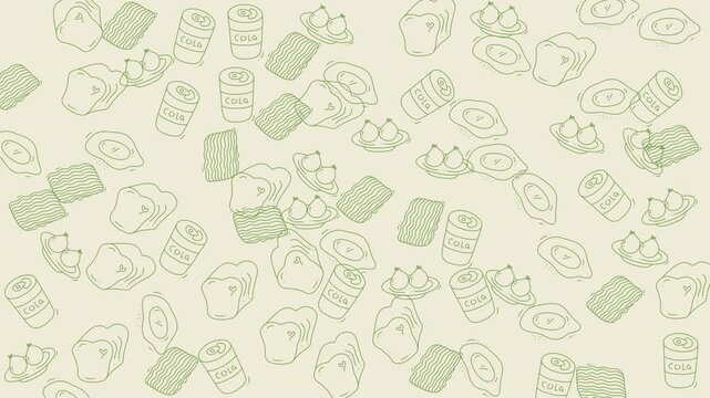 Food doodle artfully illustrates charming bread eggs soda pears noodles pattern perfect for food blogs, recipe cards, restaurant menus, and kitchen decor.