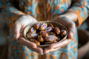 Hands holding bowl of delicious dates for breaking fast