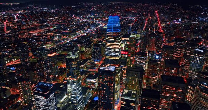 Fantastic scenery of downtown San Francisco, California, USA at night. The Salesforce Tower stands out over the cityscape.