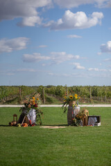 Obraz premium Rustic Outdoor Wedding Setup in Vineyard With Floral Decorations