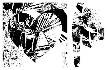 Obraz premium Fragmented heart symbol with shattered textures, isolated hand gesture, halftone glitch art, vector illustration, emotional expression, digital distortion, graphic design element.