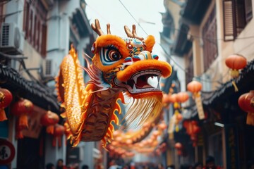 Chinese dragon decorating a traditional street during festival celebration