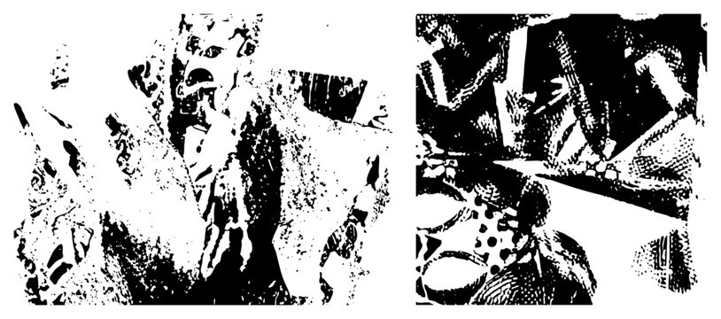 Graphic illustration of fragmented human forms using halftone dots and high contrast shading, abstract art, vector silhouette, expressive composition, design.