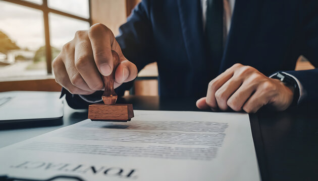 corporate executive stamping business document finalizing approval and professional decision
