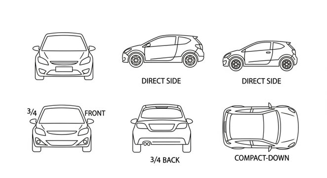 Car blueprint views from different angles for design and illustration.