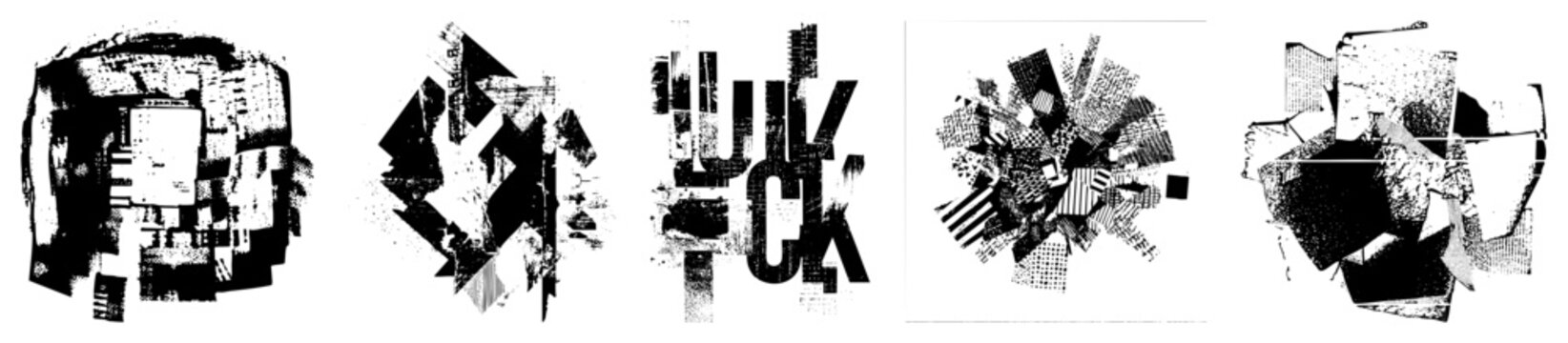 Bold fragmented letters in stylized typography, halftone textures, graphic design elements, vector art, modern abstract composition.