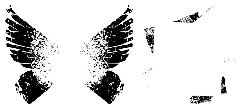 Black and white winged symbol with grunge texture, broken, emblem design, vector cutout, distressed logo, graphic asset, isolated.