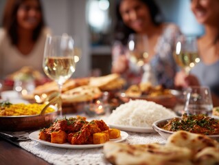 traditional indian dinner feast with aromatic butter chicken curry paneer tikka masala basmati rice and fresh naan bread on a table with friends drinking white wine for ethnic culinary concepts