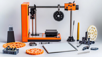 STEM tools kit with a 3D printer, gears, mechanical tools, and nuts '' on transparent background''