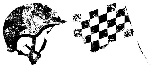 Naklejka premium Vintage style racing helmet with distressed texture paired with waving checkered flag, motorsport, race winner emblem, auto racing gear, black and white graphic design.